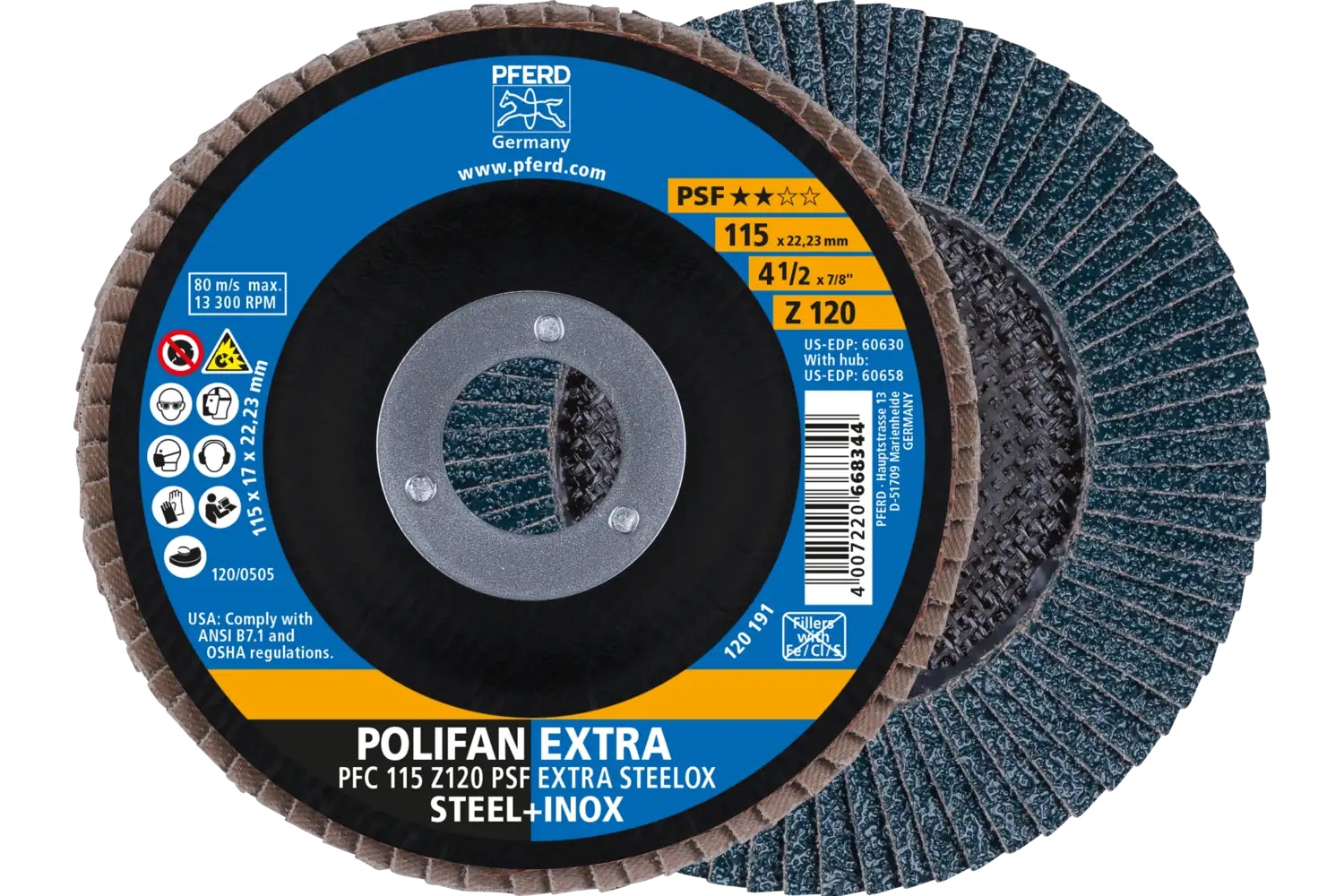 Picture of Pferd Flap Disc, 4-1/2" x 7/8, Z PSF Extra Steelox, 120 Grit, T29, Conical, Zirconia
